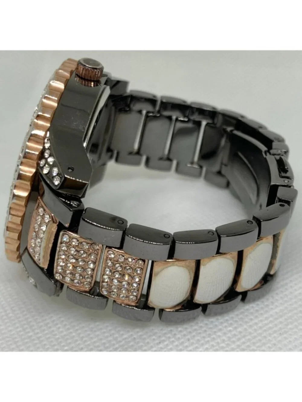 DayTrip iced dial gold black tone women watch large case 46mm size 6.5” running